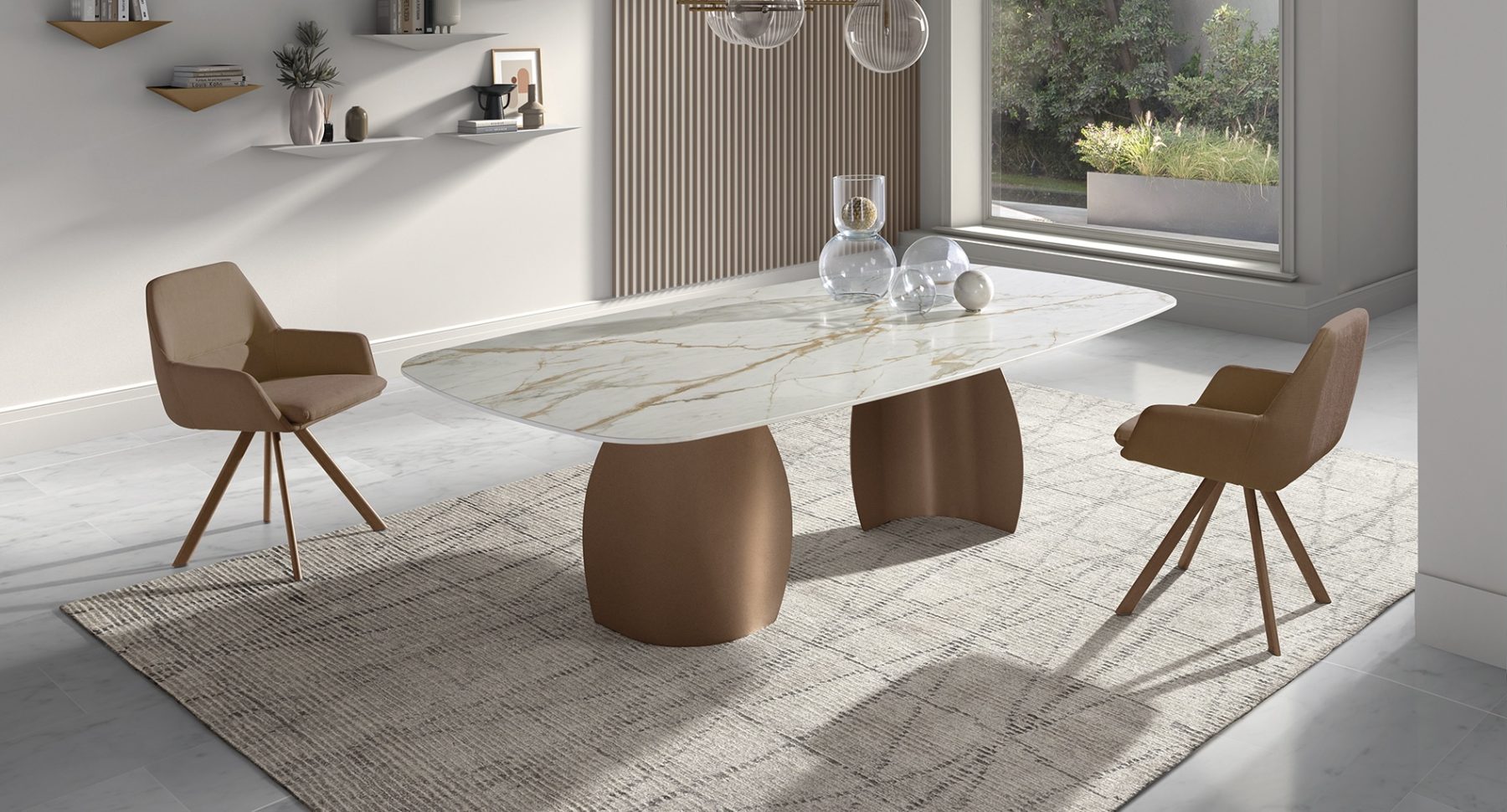 table céramique marbre blanc avec pied et chaise marron glacé